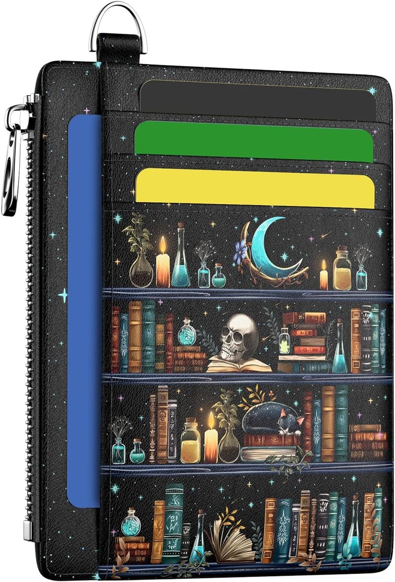 Hancynir Goth Bookshelf Skull Cat Wallet Women Credit Card Holder Funny Gothic RFID Blocking Small Card Wallets Mini Front Pocket PU Leather Thin Travel Zipper Coin Cash Ladies Female Wallet Gifts - Image 1